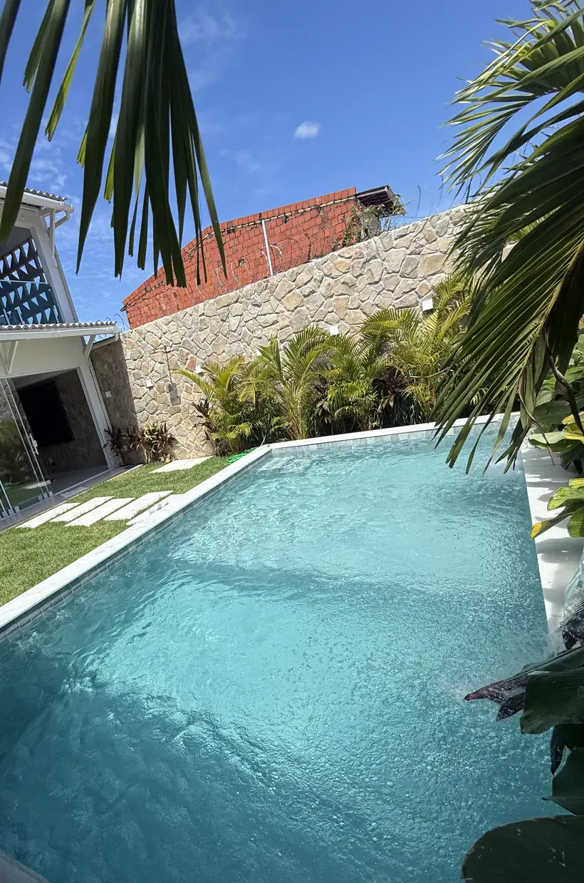 Piscina com o muro de pedra e o jardim tropical ao fundo